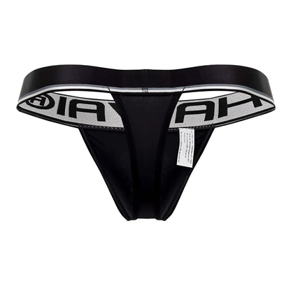 Black microfiber thong with a wide elastic waistband featuring bold black ah lettering on a silver textured background