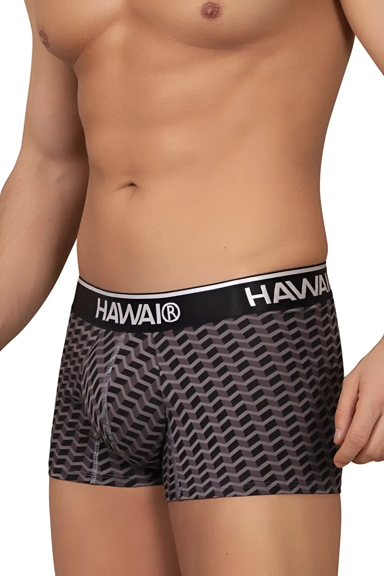 Gray black geometric patterned boxer briefs with black waistband and hawaii brand name printed for comfortable wear