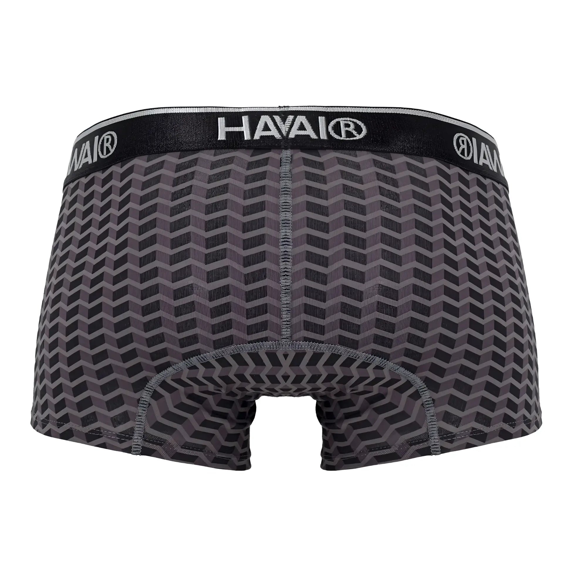 Gray havai 42371 printed trunks men’s boxer briefs with black and gray geometric pattern and branded elastic waistband