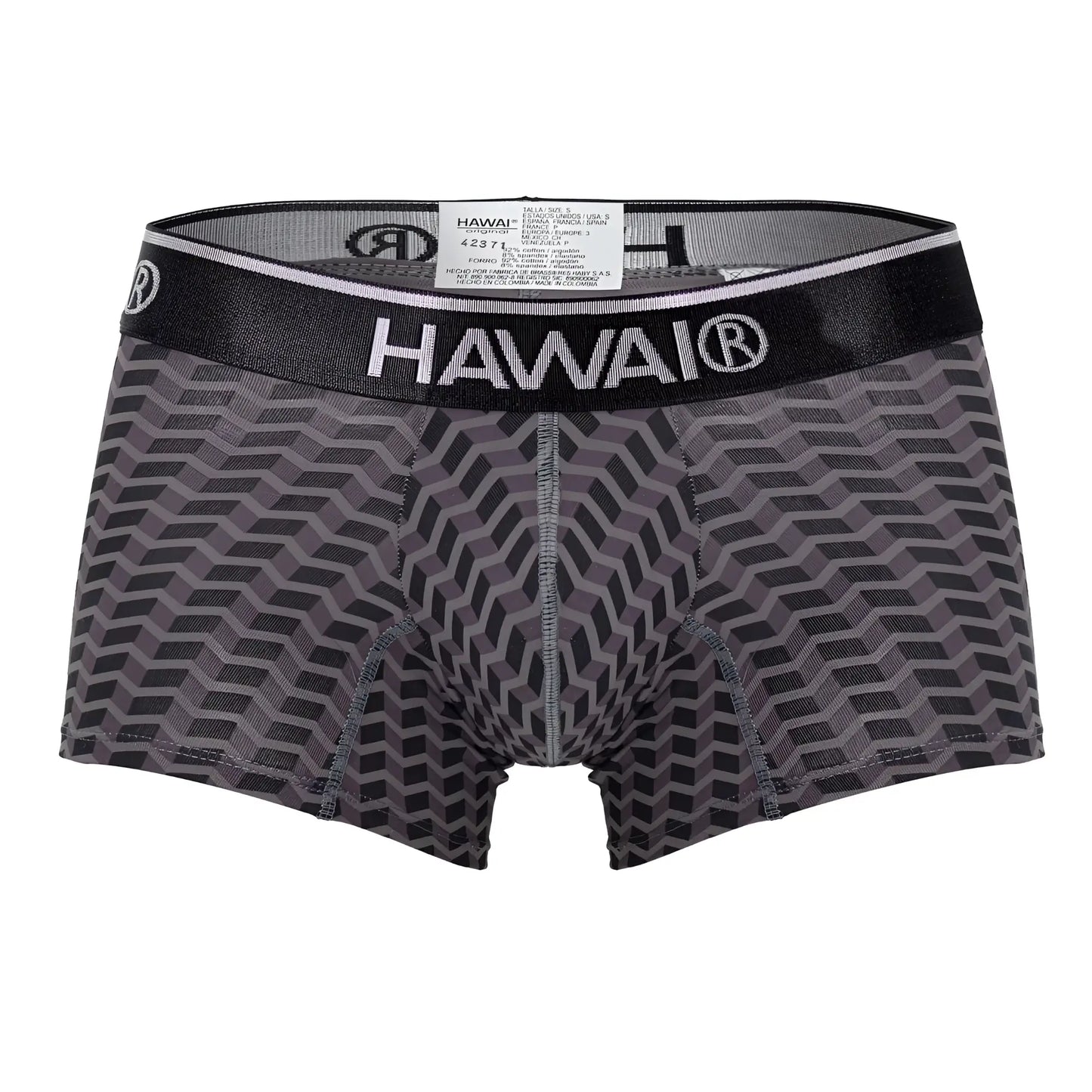 Gray and black geometric-patterned hawaii men’s boxer briefs with branded elastic waistband in printed trunks style