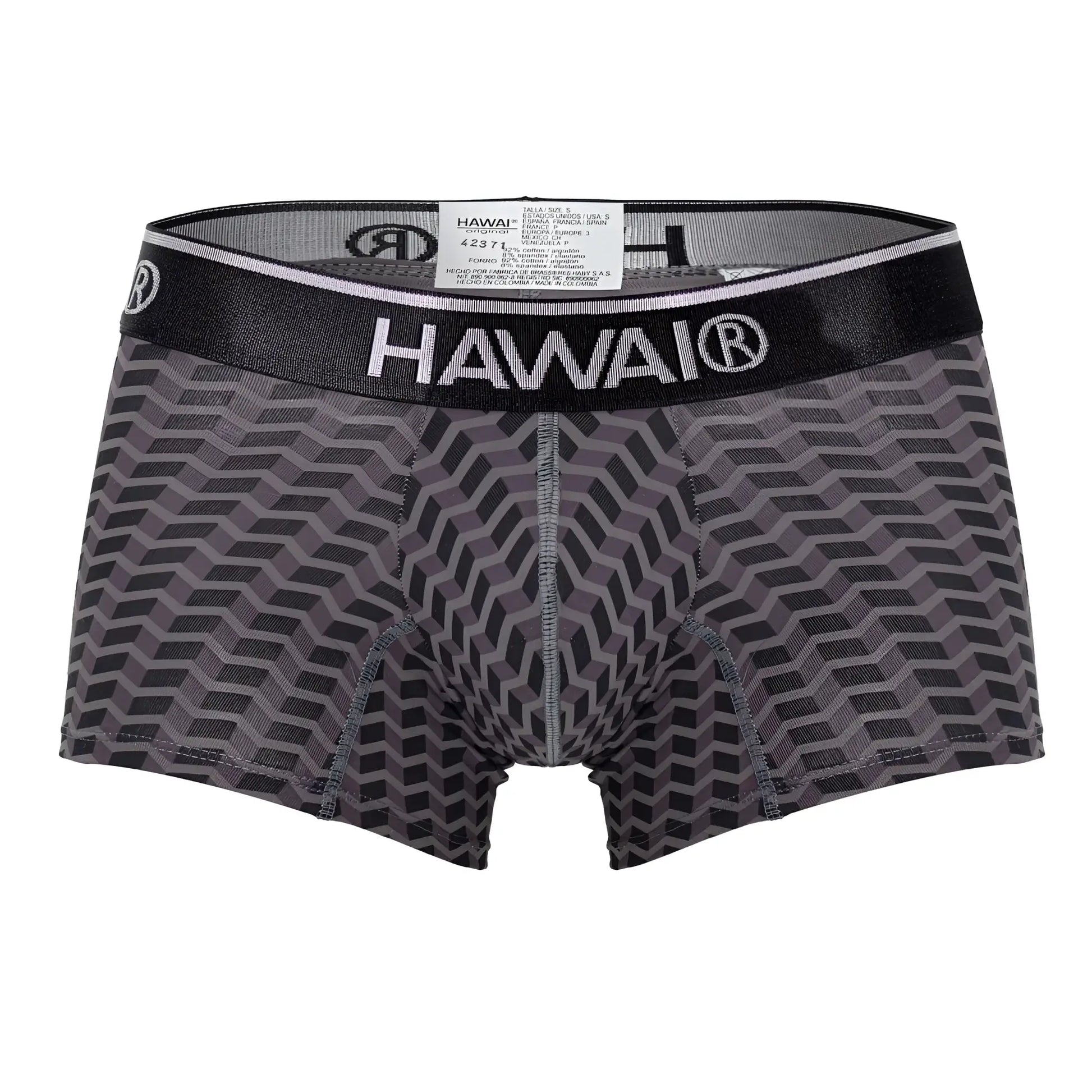 Gray and black geometric-patterned hawaii men’s boxer briefs with branded elastic waistband in printed trunks style