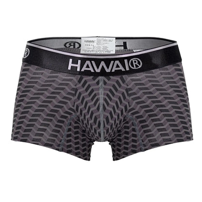 Gray and black geometric-patterned hawaii men’s boxer briefs with branded elastic waistband in printed trunks style