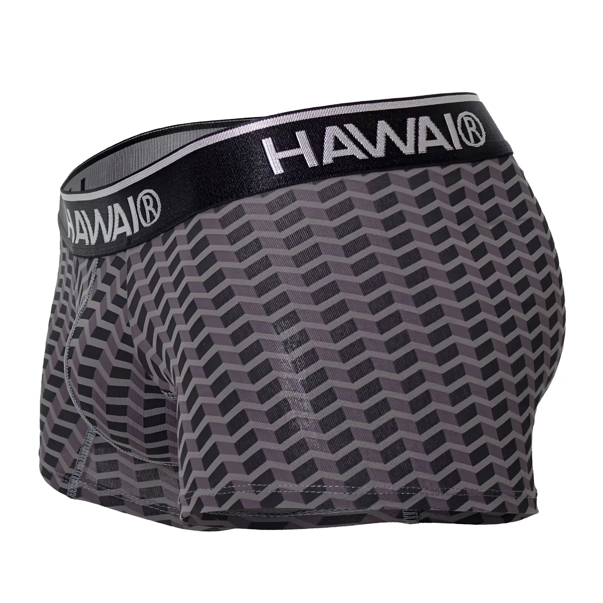 Gray and black geometric-patterned men’s boxer briefs with branded elastic waistband hawai 42371 printed trunks color gray