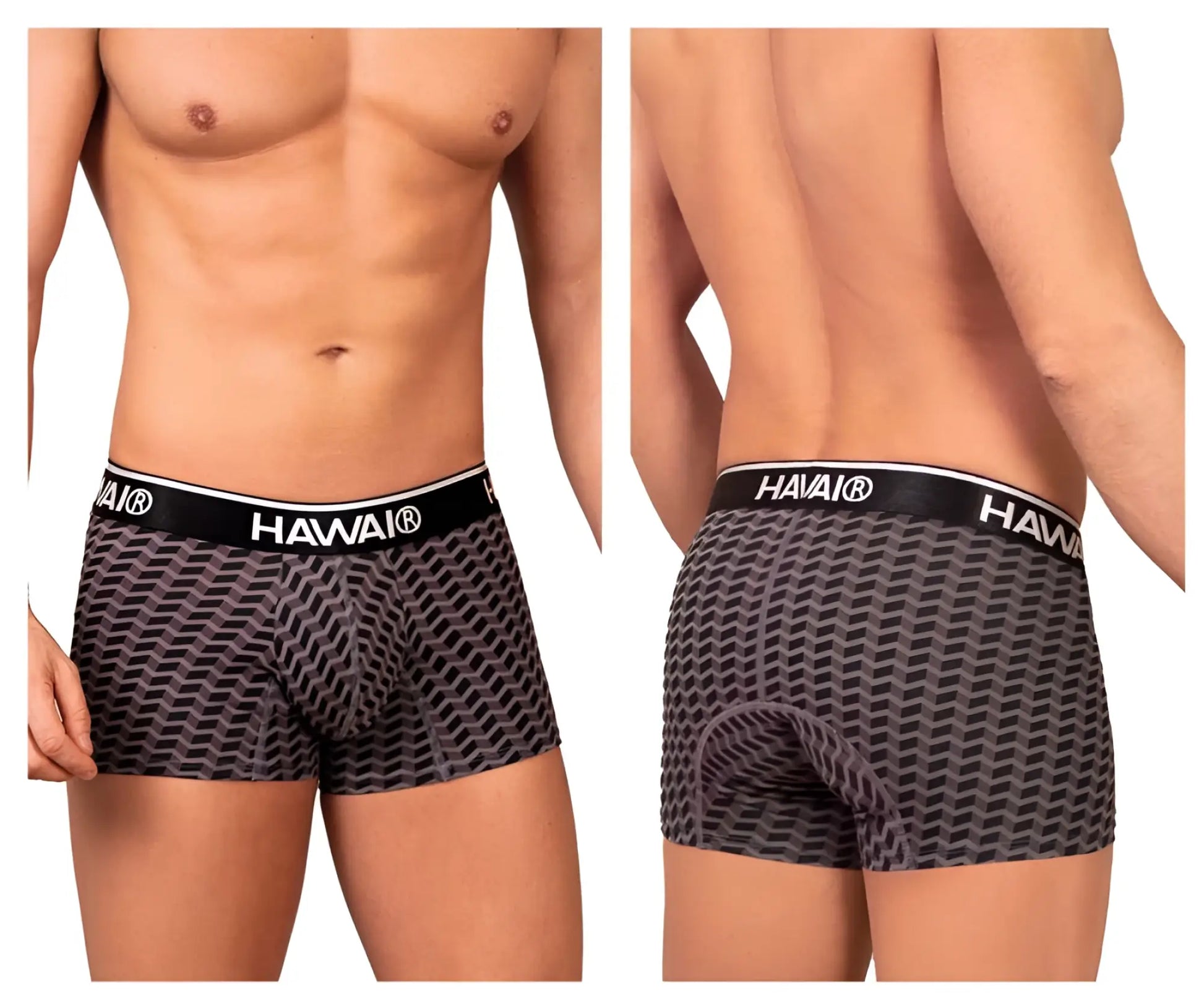 Black and gray patterned hawaii 42371 printed trunks men’s boxer briefs with black waistband and white hawaii branding