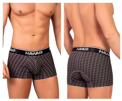 Black and gray patterned hawaii 42371 printed trunks men’s boxer briefs with black waistband and white hawaii branding