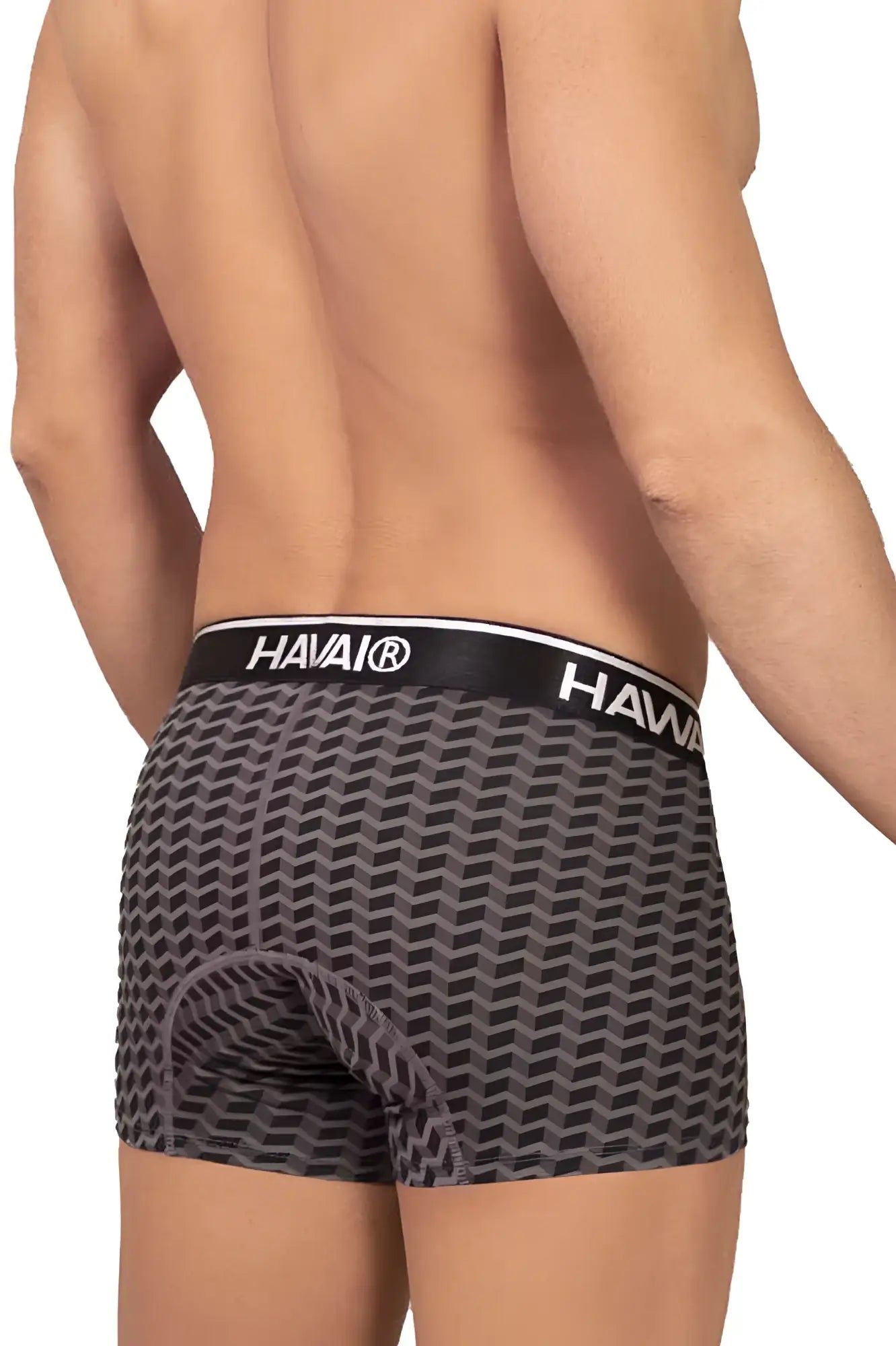 Gray havai boxer briefs with black geometric pattern and padded crotch from hawai 42371 printed trunks collection