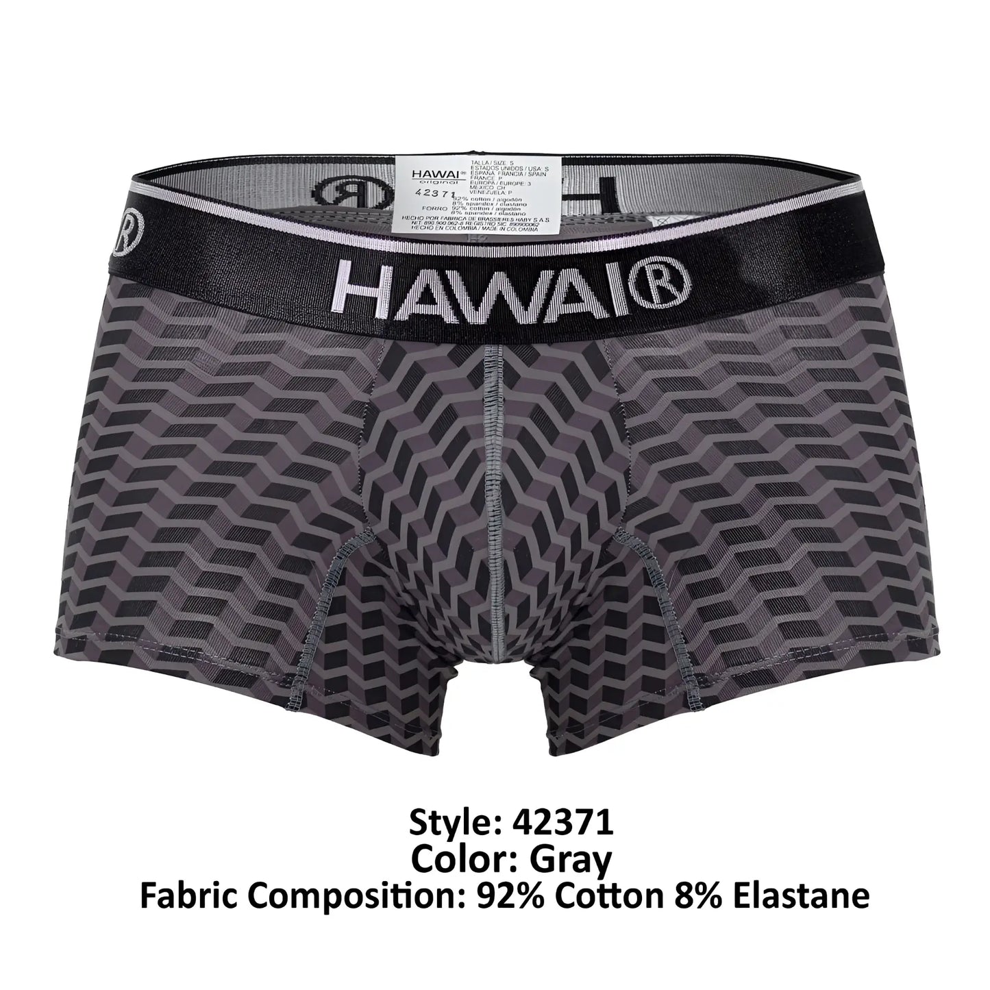 Gray patterned men’s boxer briefs with black elastic waistband featuring hawai brand name in white lettering