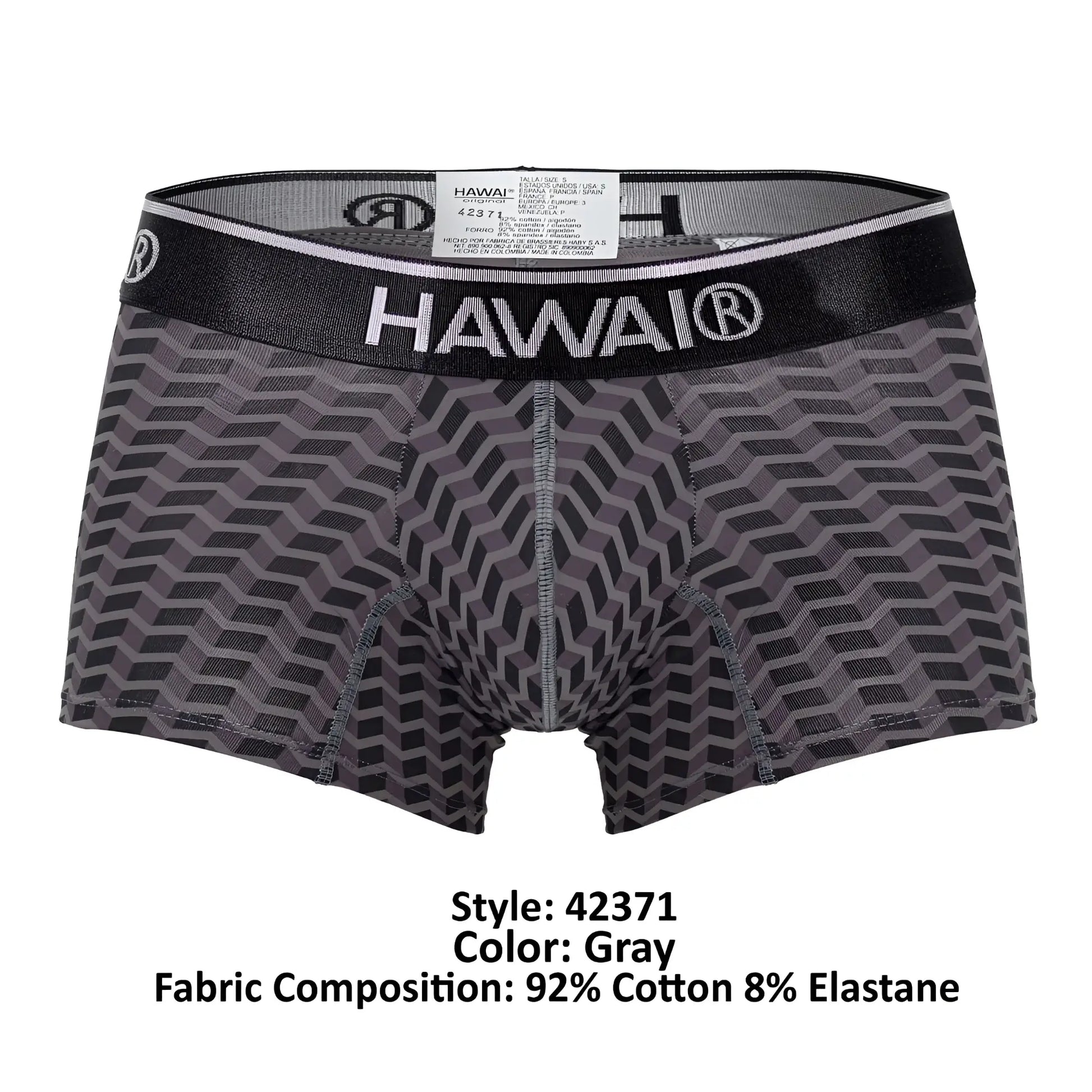Gray patterned men’s boxer briefs with black elastic waistband featuring hawai brand name in white lettering