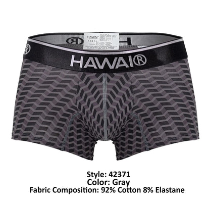 Gray patterned men’s boxer briefs with black elastic waistband featuring hawai brand name in white lettering