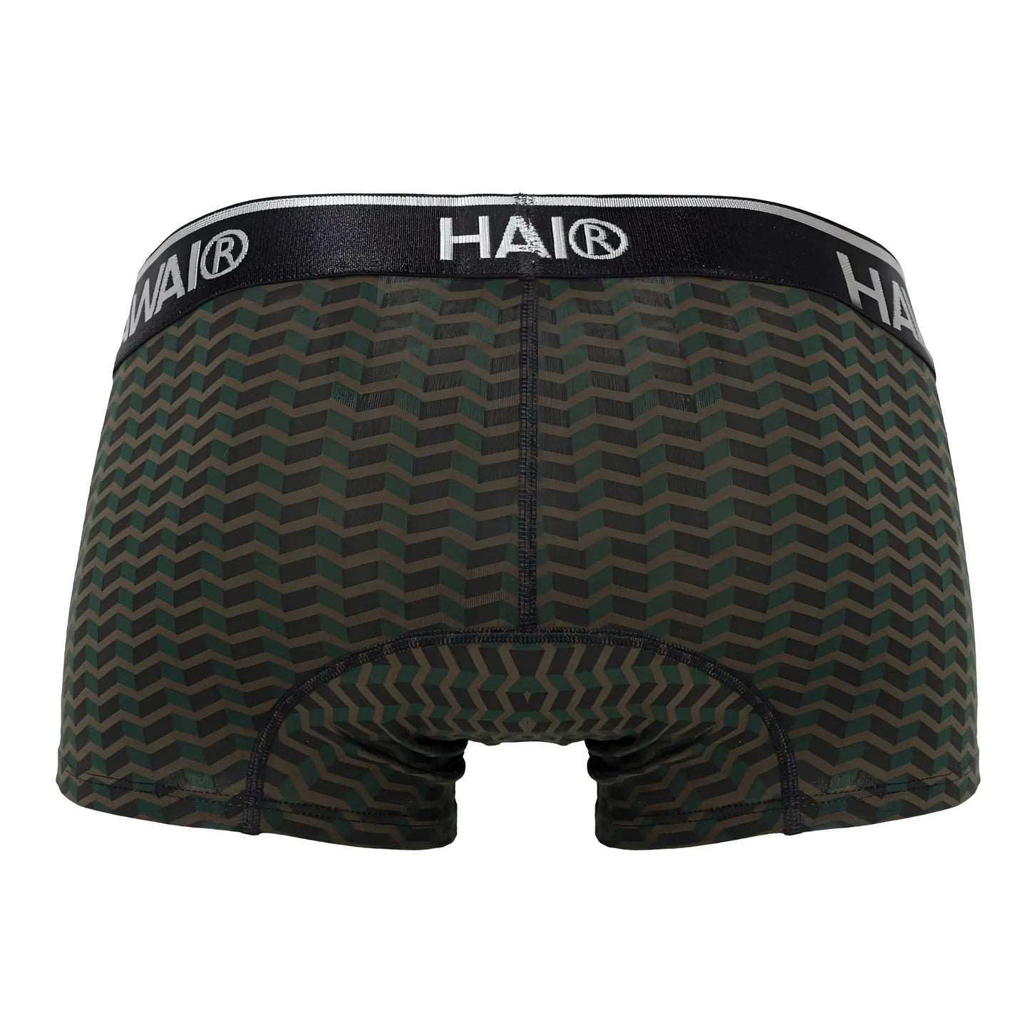 Hawai 42371 printed trunks boxer briefs in black and dark green chevron pattern with black waistband and white lettering
