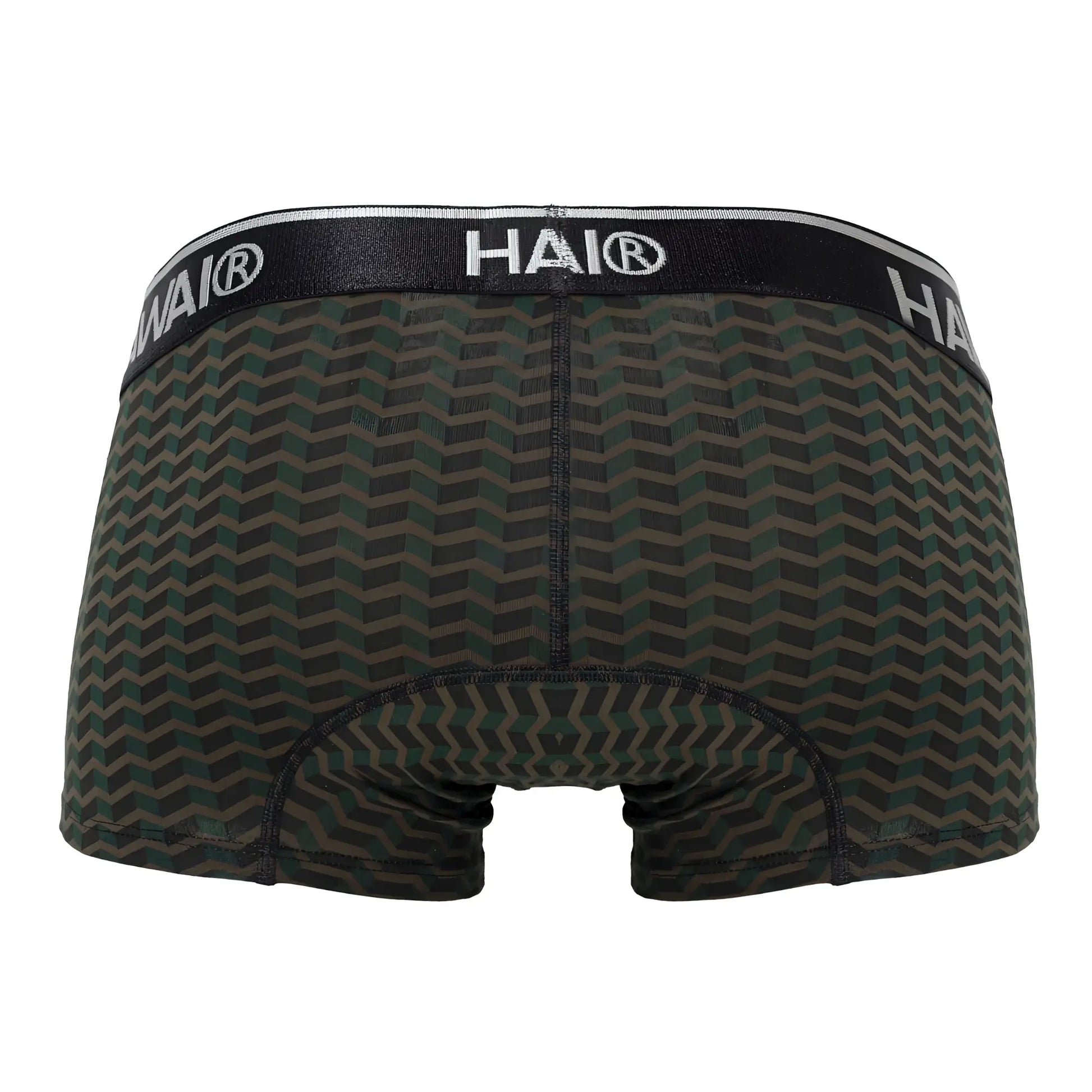 Hawai 42371 printed trunks boxer briefs in black and dark green chevron pattern with black waistband and white lettering
