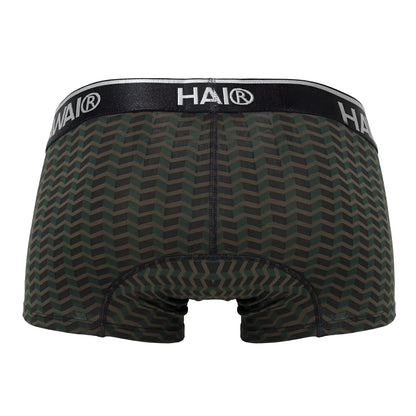 Hawai 42371 printed trunks boxer briefs in black and dark green chevron pattern with black waistband and white lettering