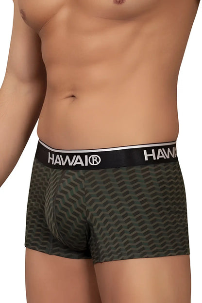 Dark green hawai 42371 printed trunks boxer briefs with black waistband and white hawaii logo in zigzag pattern