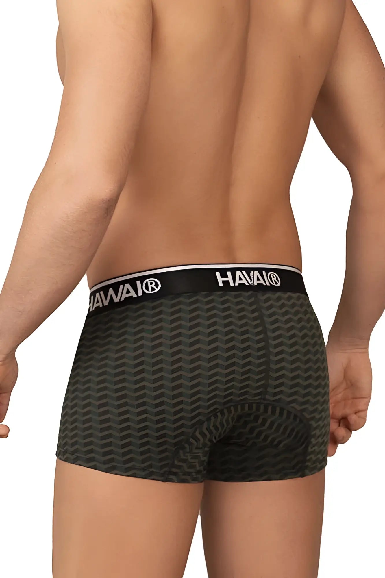 Dark green hawai 42371 printed trunks boxer briefs with subtle wavy pattern and black waistband with hawai logo