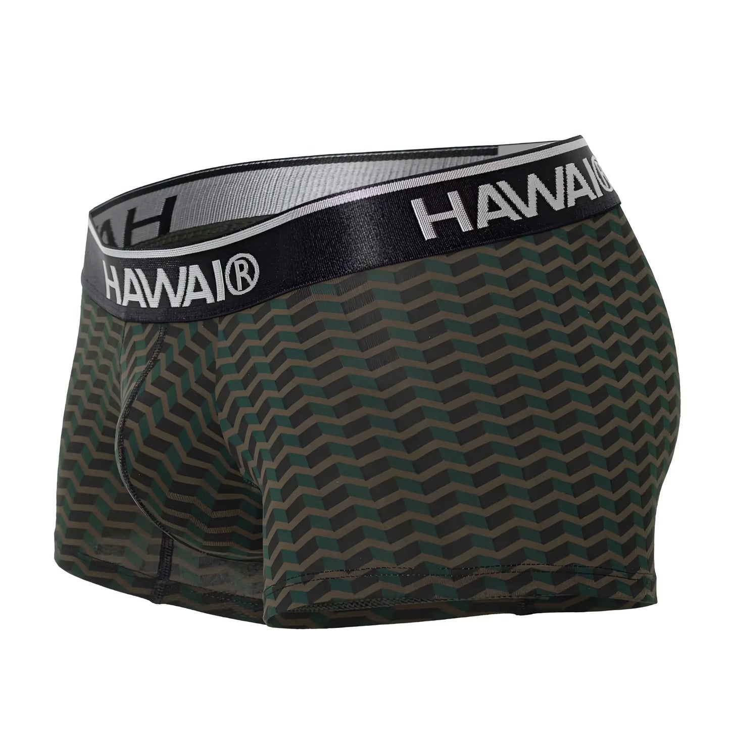 Dark green and gray chevron patterned hawaii 42371 printed men’s boxer briefs with black waistband in green color