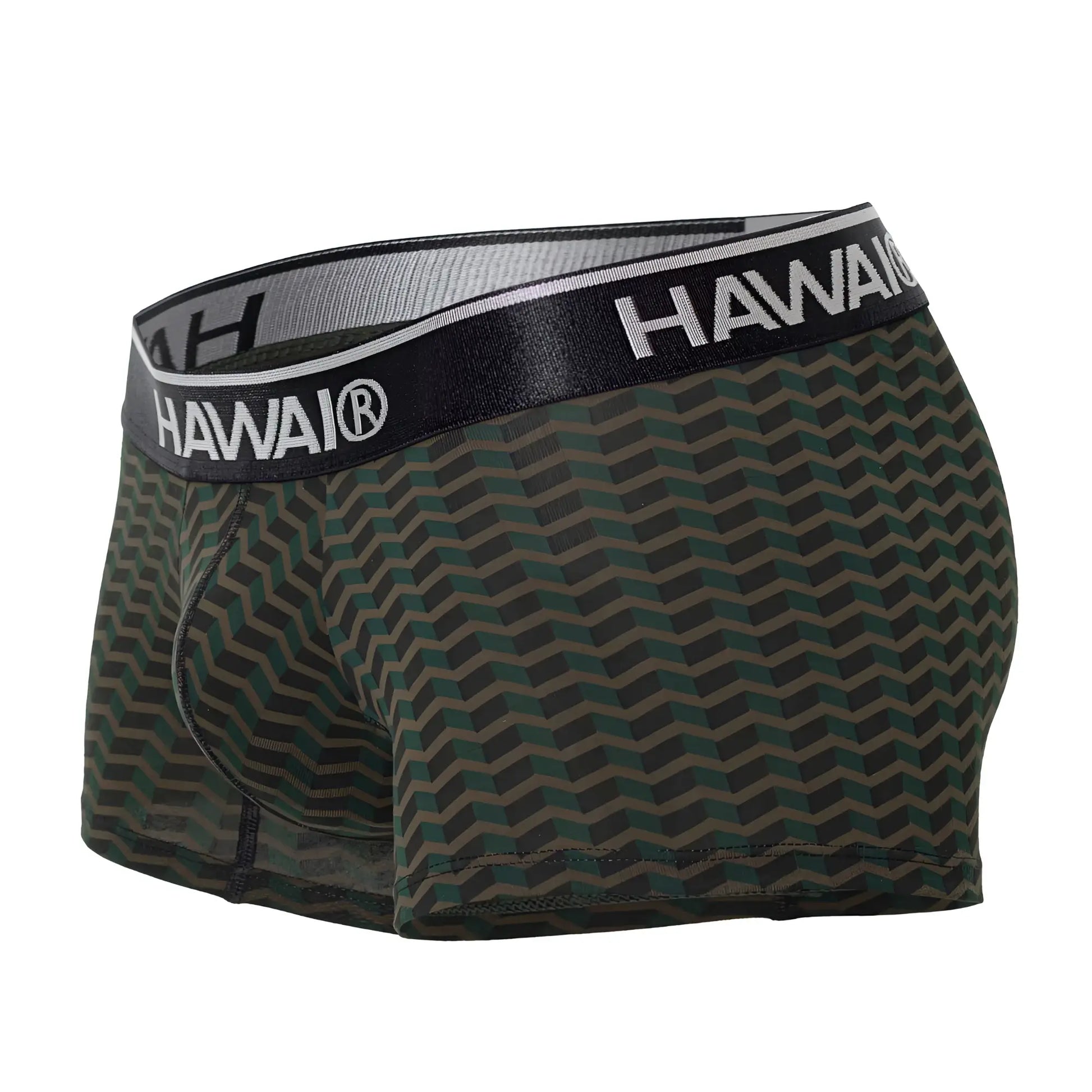 Dark green and gray chevron patterned hawaii 42371 printed men’s boxer briefs with black waistband in green color