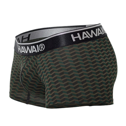 Dark green and gray chevron patterned hawaii 42371 printed men’s boxer briefs with black waistband in green color