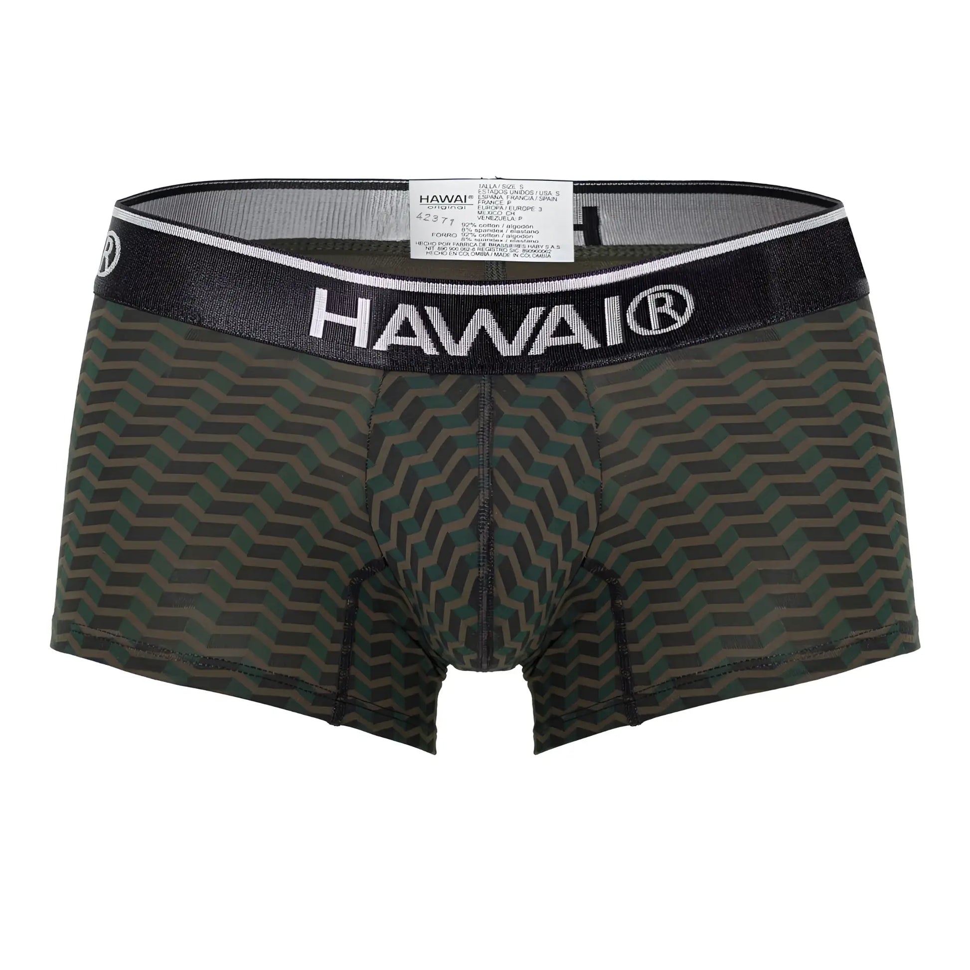 Hawaii 42371 green men’s boxer briefs with dark green and black geometric pattern and black waistband with white lettering
