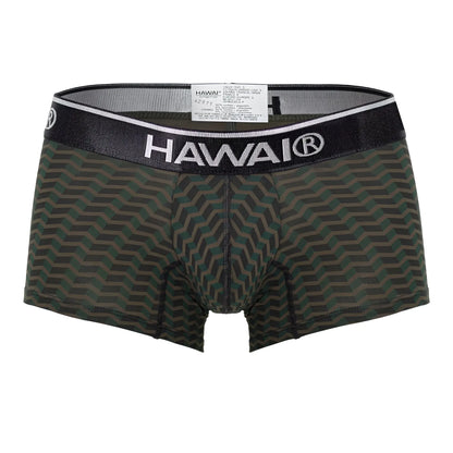 Hawaii 42371 green men’s boxer briefs with dark green and black geometric pattern and black waistband with white lettering