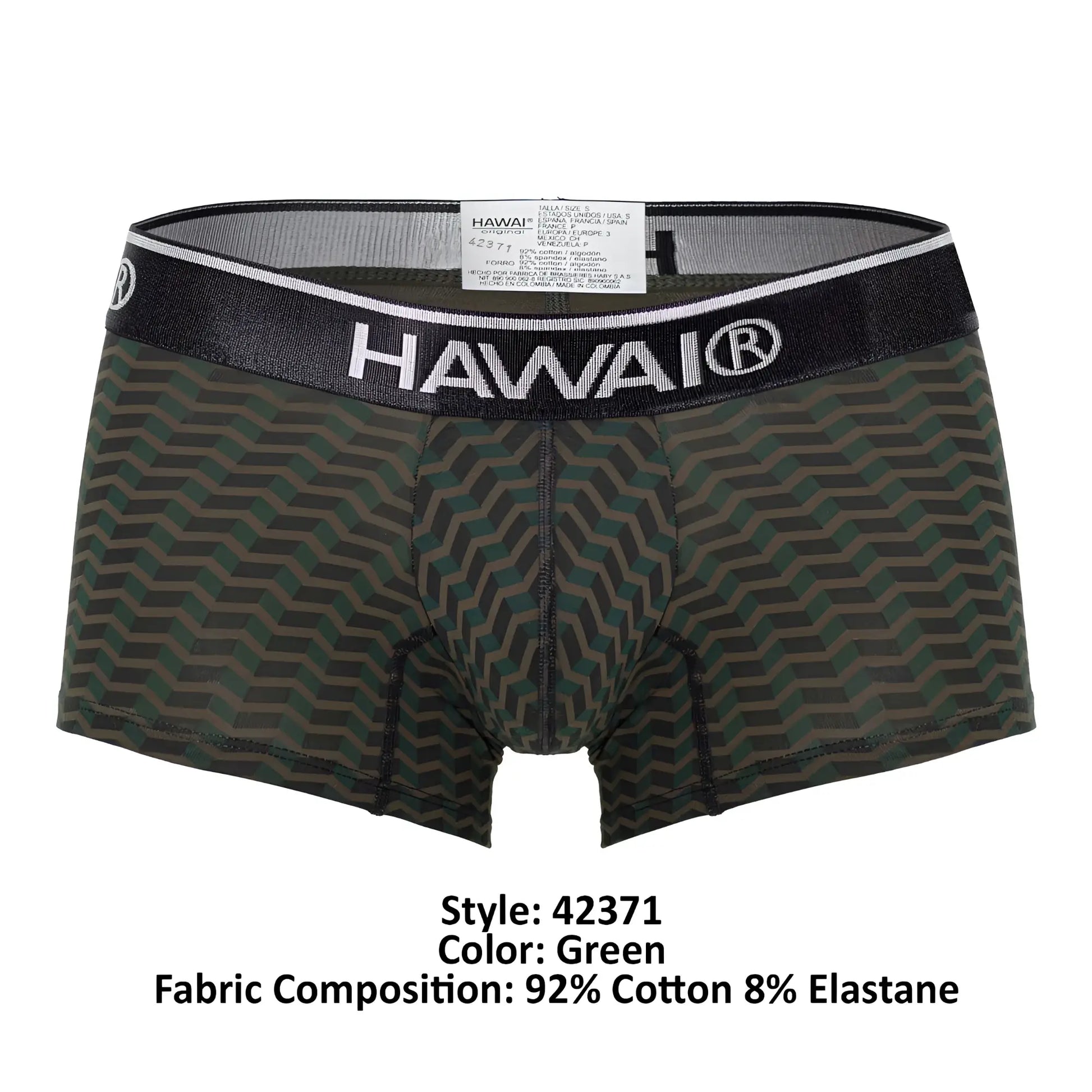 Green patterned hawaii 42371 printed trunks men’s boxer briefs with black waistband white lettering and trim