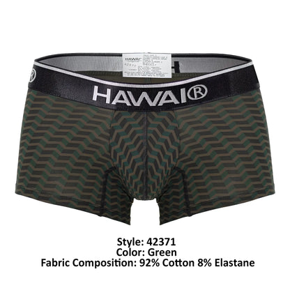 Green patterned hawaii 42371 printed trunks men’s boxer briefs with black waistband white lettering and trim
