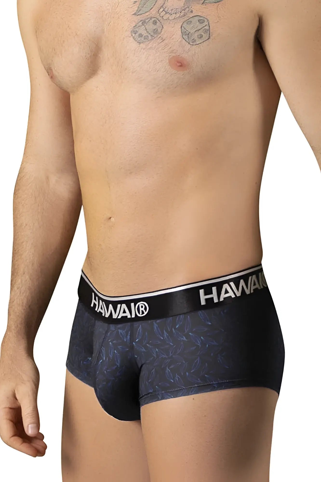 Black Hawai 42380 printed boxer briefs in black with a subtle blue leaf pattern and a white logo waistband