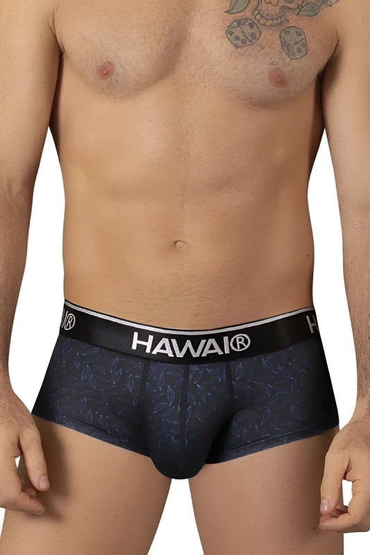 Black hawai 42380 printed briefs in black with subtle blue leaf pattern and white branding on waistband