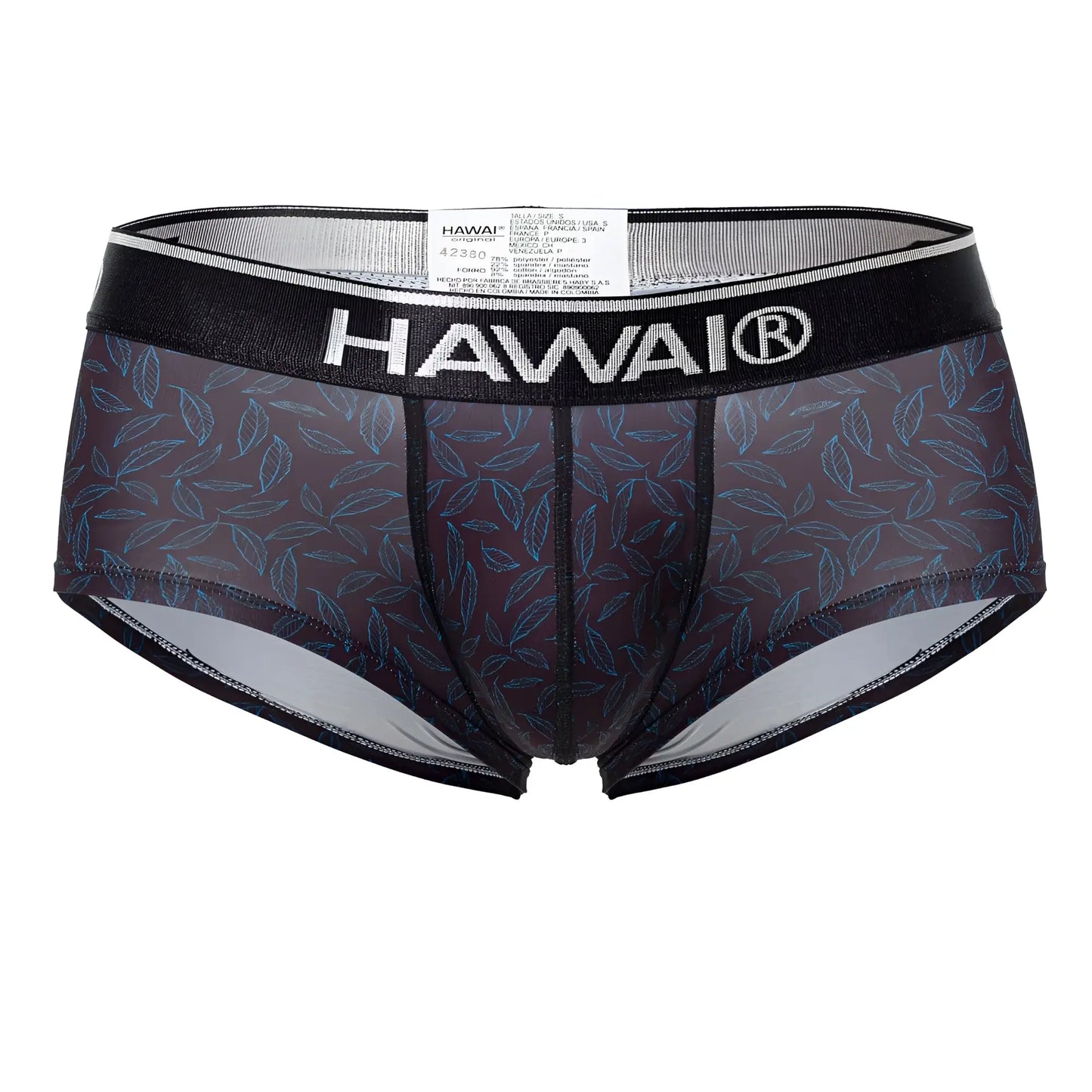 Hawai 42380 black printed briefs with sheer dark gray fabric, intricate blue leaf pattern, and black trim for men