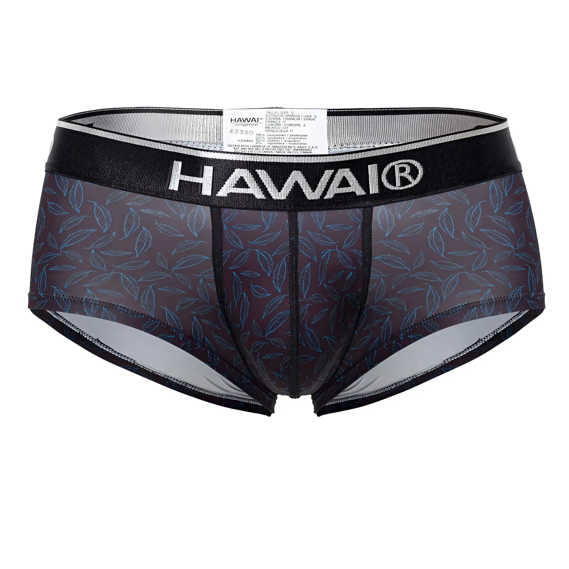Hawai 42380 black printed briefs with sheer dark gray fabric, intricate blue leaf pattern, and black trim for men