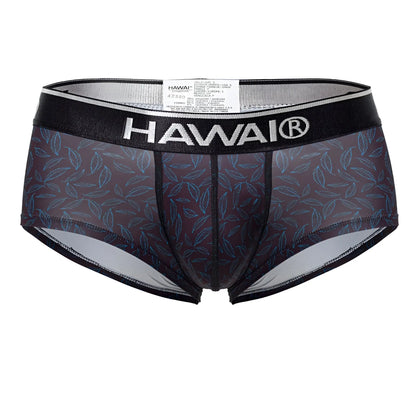 Hawai 42380 black printed briefs with sheer dark gray fabric, intricate blue leaf pattern, and black trim for men
