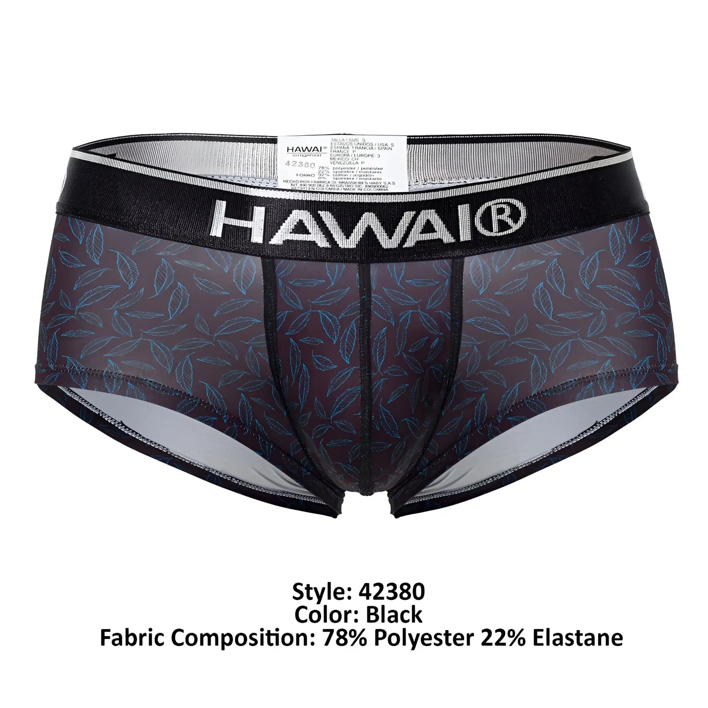 Black hawaii 42380 printed men’s briefs in black with sheer leaf-patterned fabric and black elastic waistband