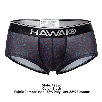 Black hawaii 42380 printed men’s briefs in black with sheer leaf-patterned fabric and black elastic waistband
