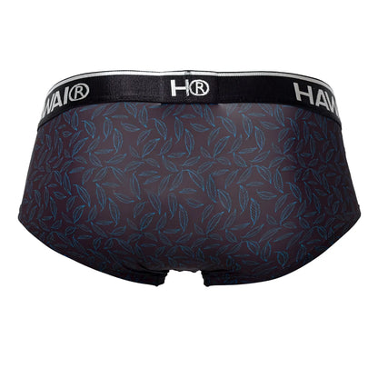 Black men’s briefs hawai 42380 with subtle blue leaf pattern and black hai elastic waistband in black color