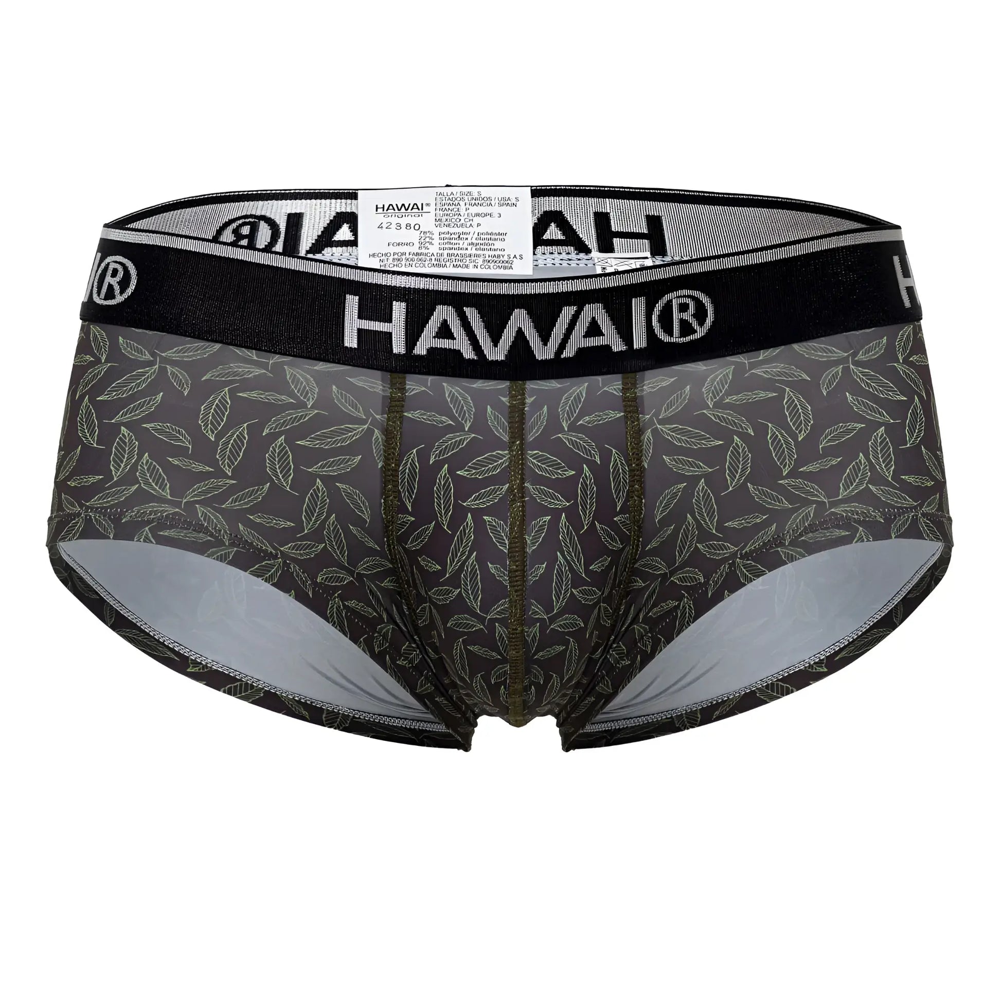 Black hawai 42380 printed briefs in green with subtle leaf pattern and contrasting silver inner lining for men