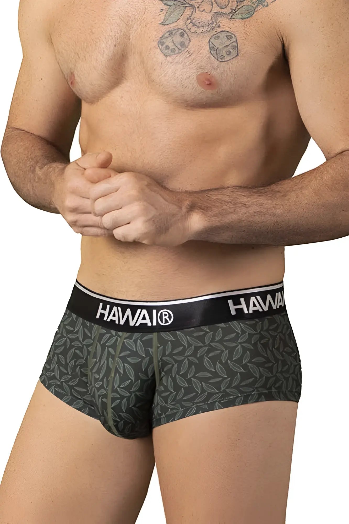 Dark green hawaii boxer briefs with subtle leaf pattern and black waistband featuring white hawaii branding