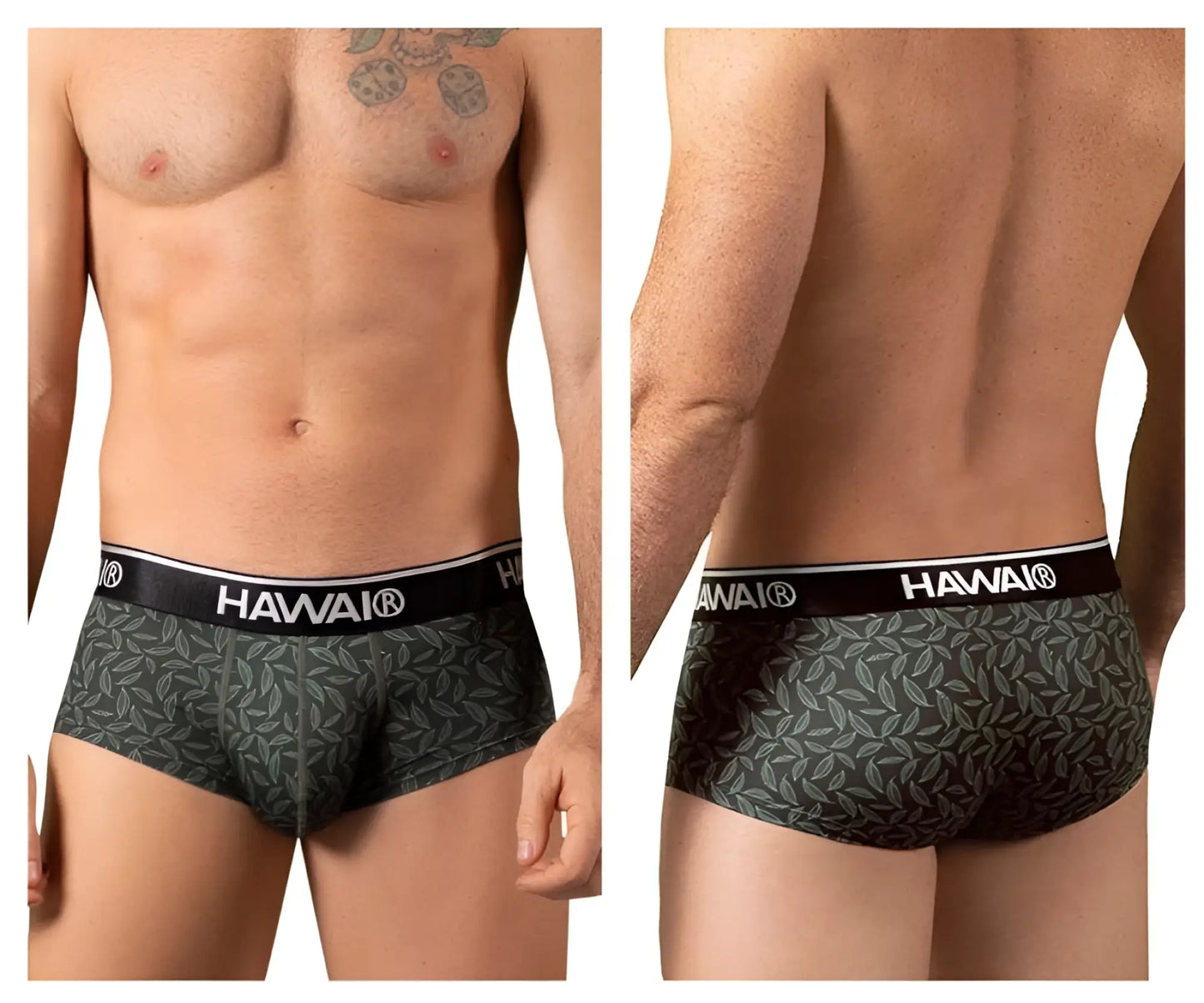 Hawai 42380 printed briefs in dark green with Hawaiian pattern and black waistband featuring Hawaii brand name