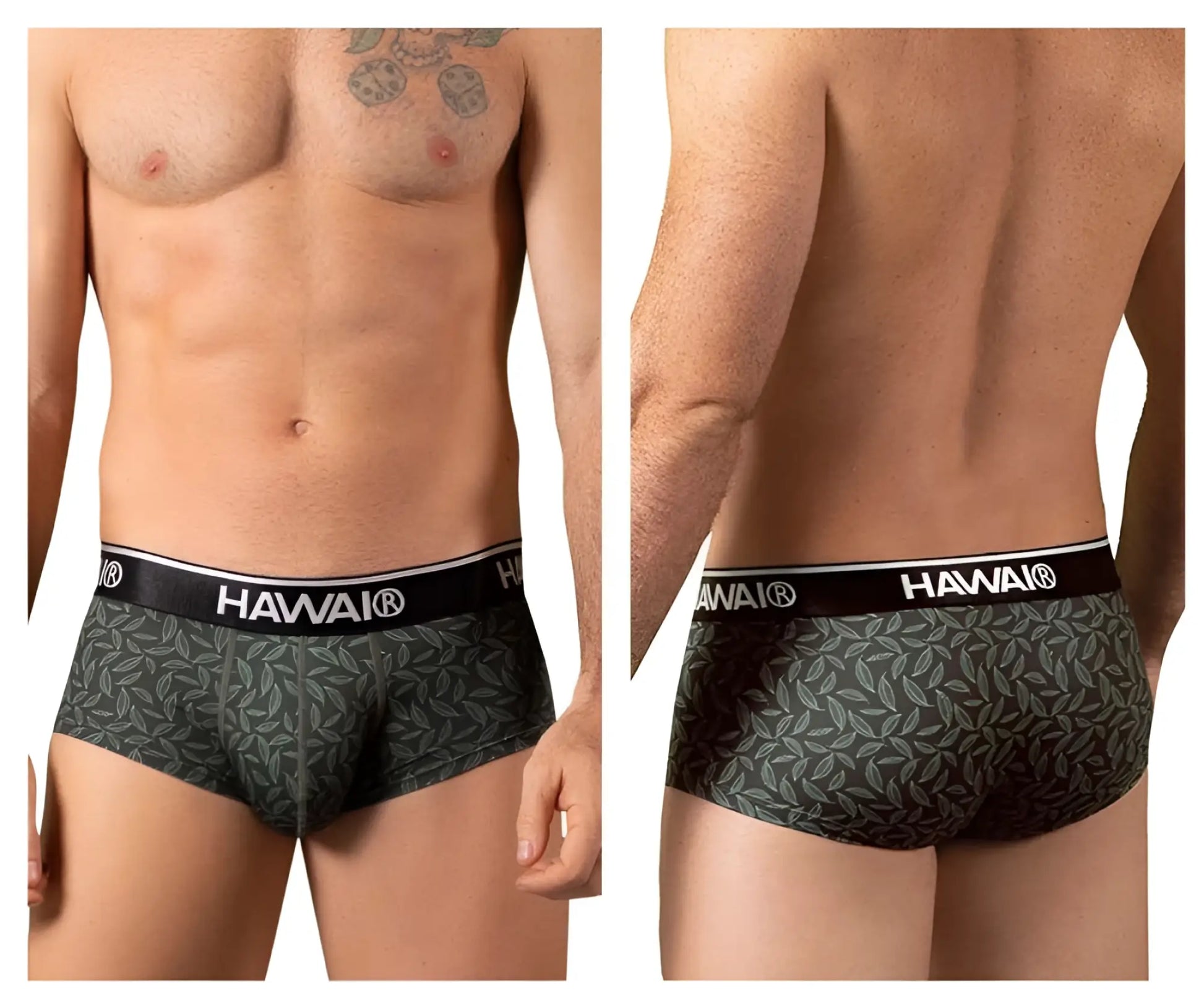 Hawai 42380 printed briefs in dark green with Hawaiian pattern and black waistband featuring Hawaii brand name