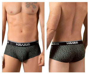 Hawai 42380 printed briefs in dark green with Hawaiian pattern and black waistband featuring Hawaii brand name