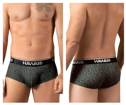 Hawai 42380 printed briefs in dark green with Hawaiian pattern and black waistband featuring Hawaii brand name