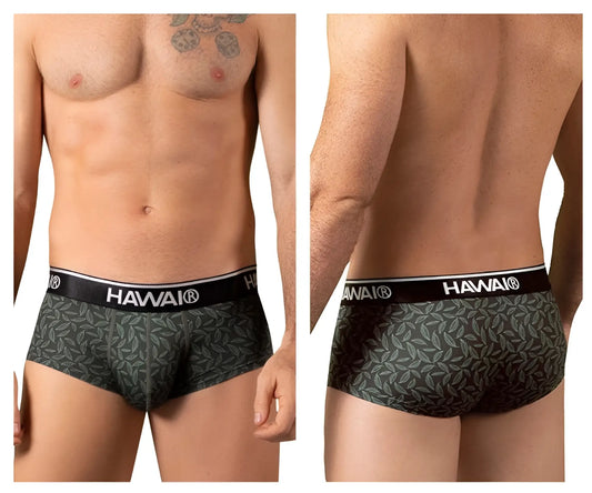 Hawai 42380 printed briefs in dark green with Hawaiian pattern and black waistband featuring Hawaii brand name