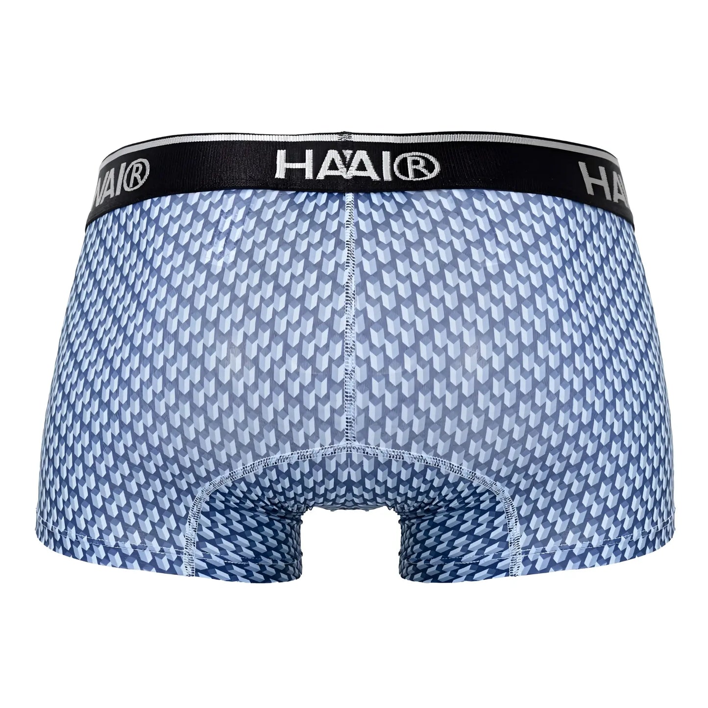 Blue patterned men’s boxer briefs with black waistband and haai brand logo from hawai 42420 printed trunks collection