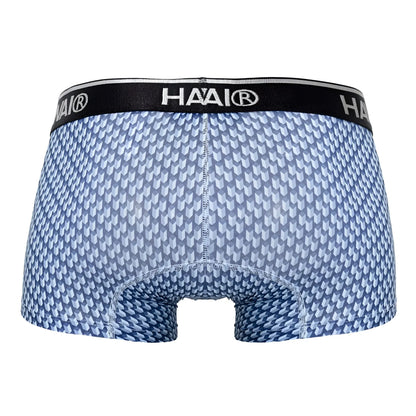 Blue patterned men’s boxer briefs with black waistband and haai brand logo from hawai 42420 printed trunks collection