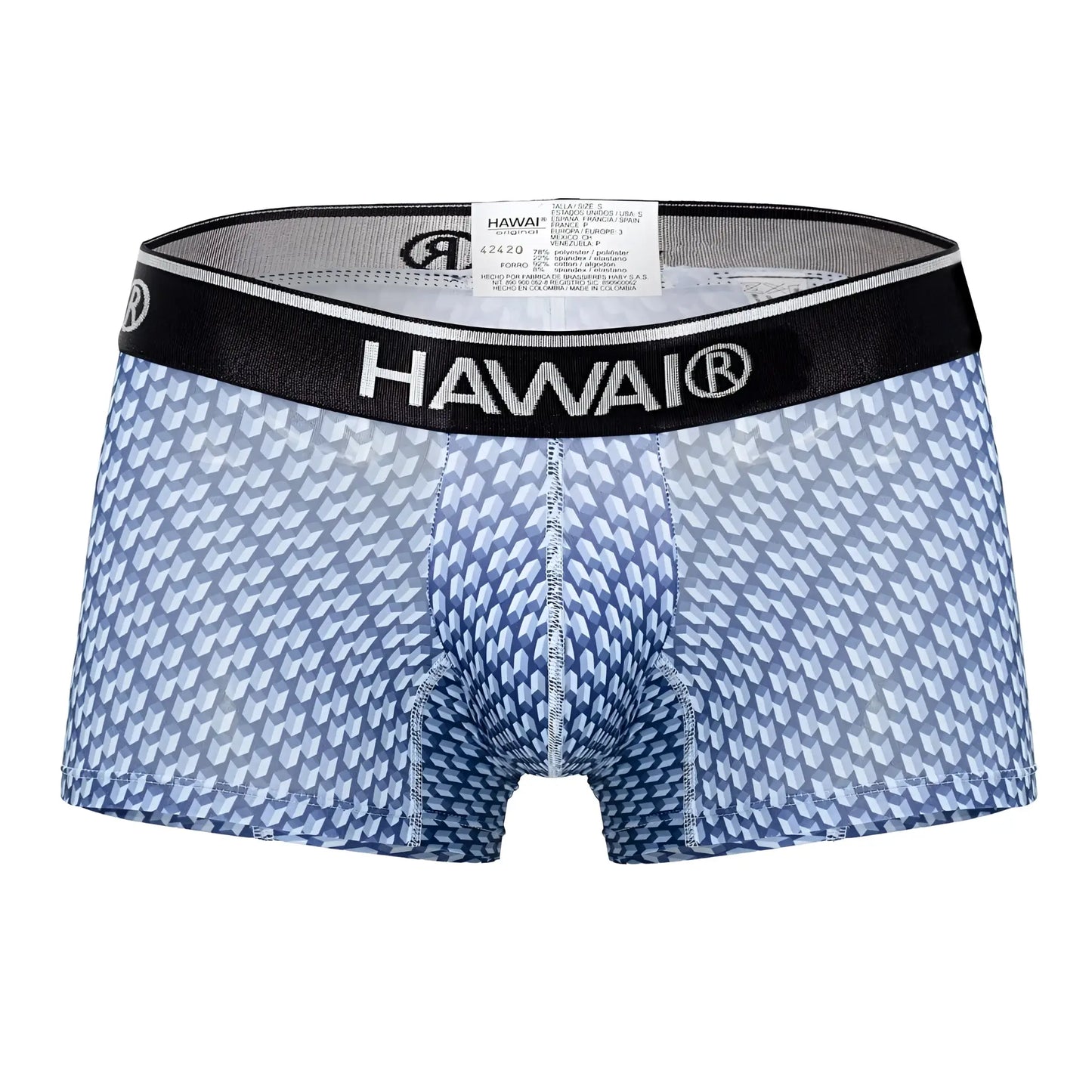 Blue patterned men’s boxer briefs with a black waistband featuring the hawai brand name in model 42420 printed trunks