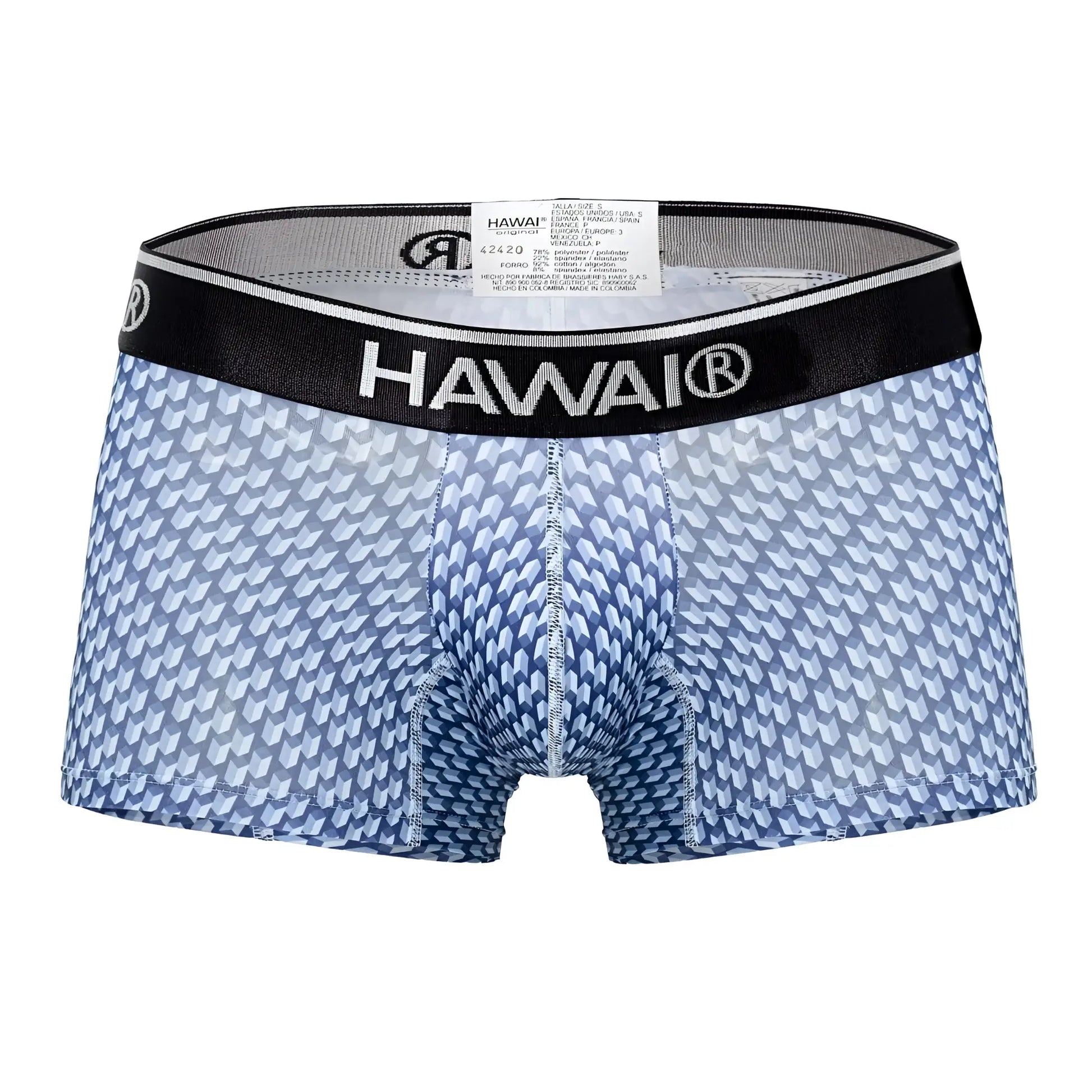Blue patterned men’s boxer briefs with a black waistband featuring the hawai brand name in model 42420 printed trunks