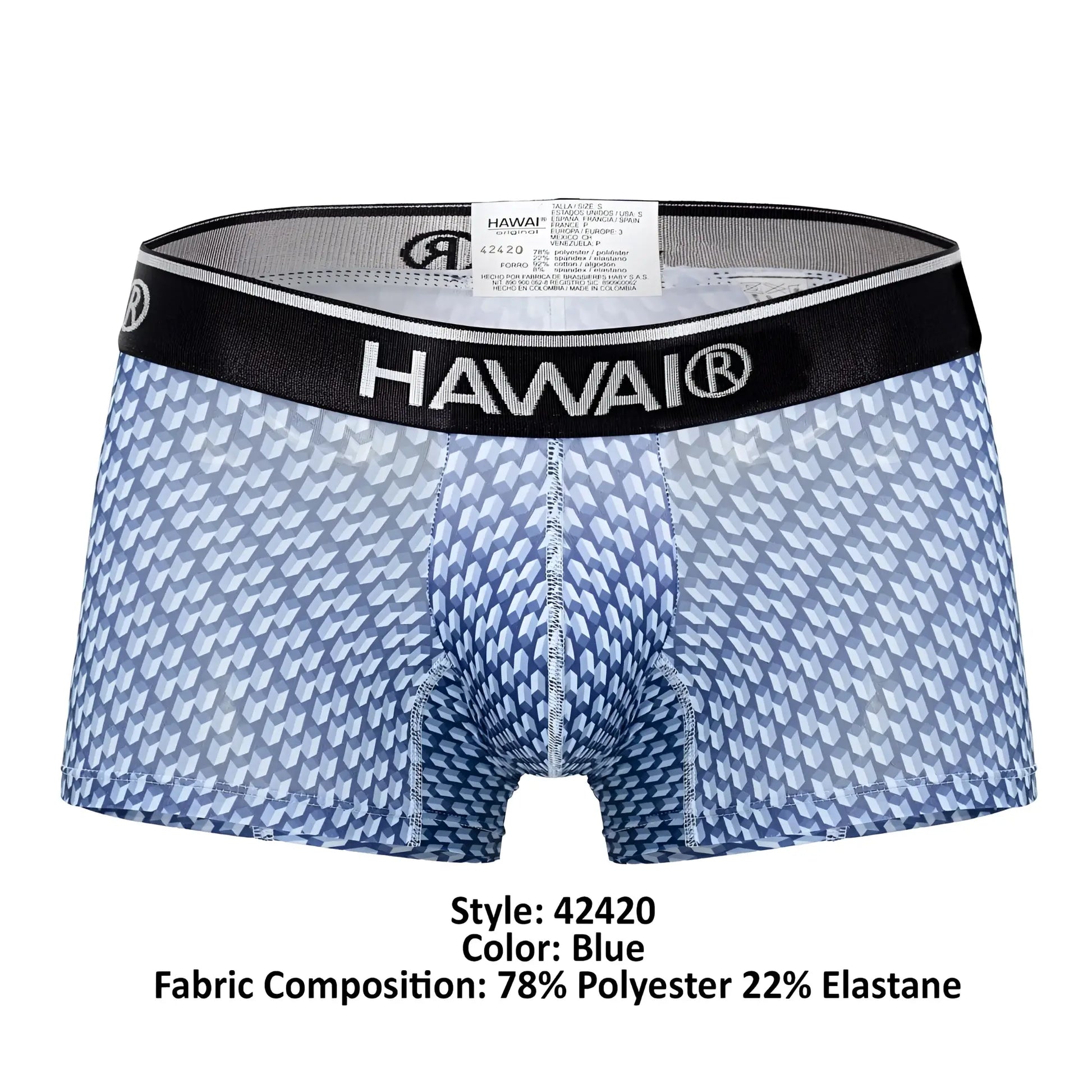 Blue patterned men’s boxer briefs with black waistband featuring hawai brand logo in printed trunks style