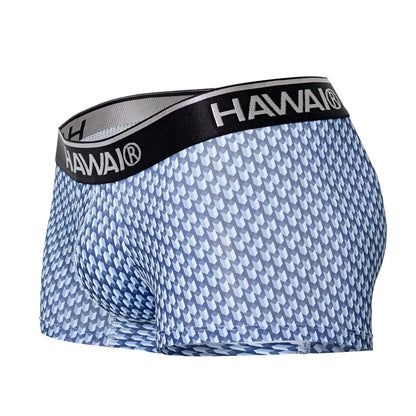 Blue and white geometric patterned men’s boxer briefs with black hawai waistband printed trunks color blue