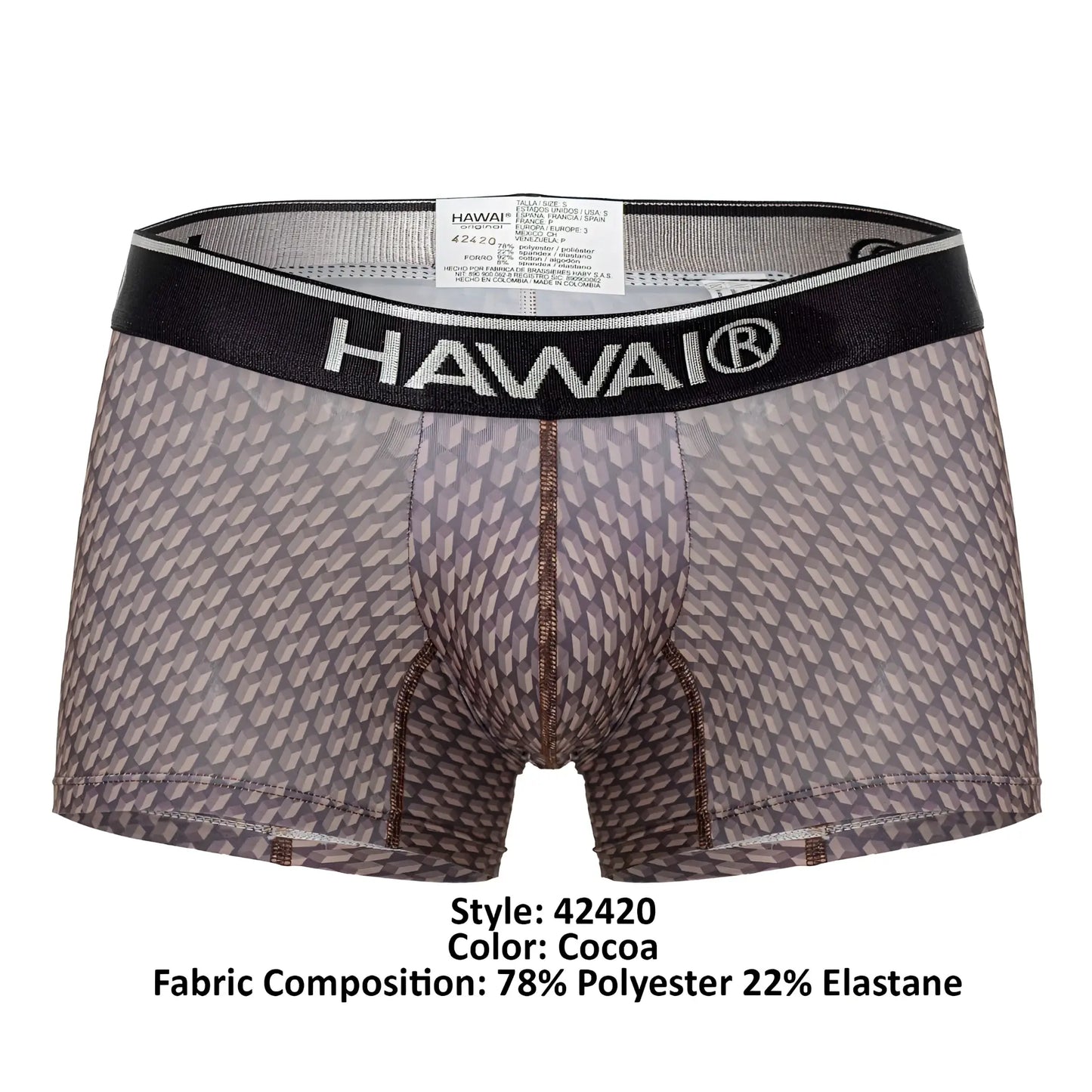 Cocoa-colored hawai 42420 printed trunks boxer briefs with geometric pattern and black waistband shown from the back