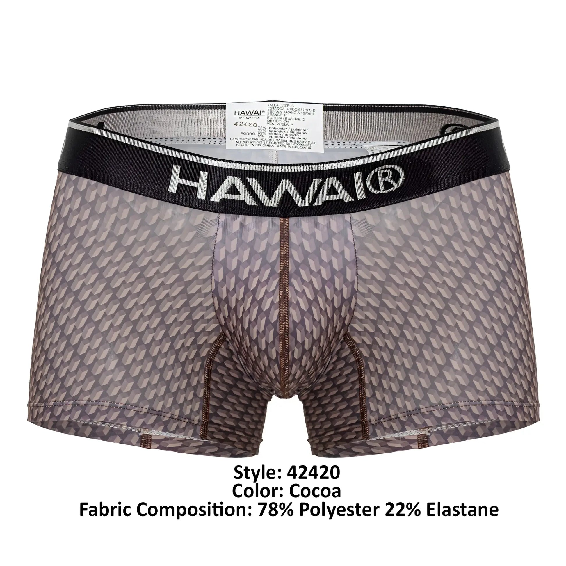 Cocoa-colored hawai 42420 printed trunks boxer briefs with geometric pattern and black waistband shown from the back