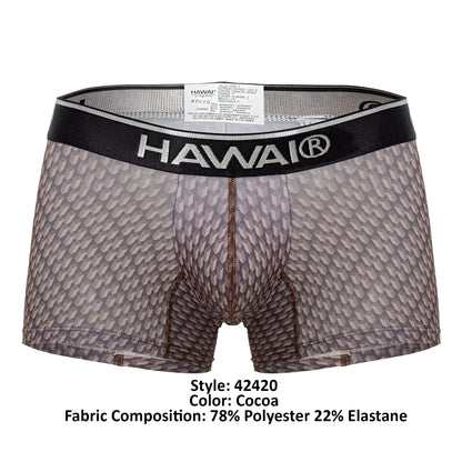 Cocoa-colored hawai 42420 printed trunks boxer briefs with geometric pattern and black waistband shown from the back
