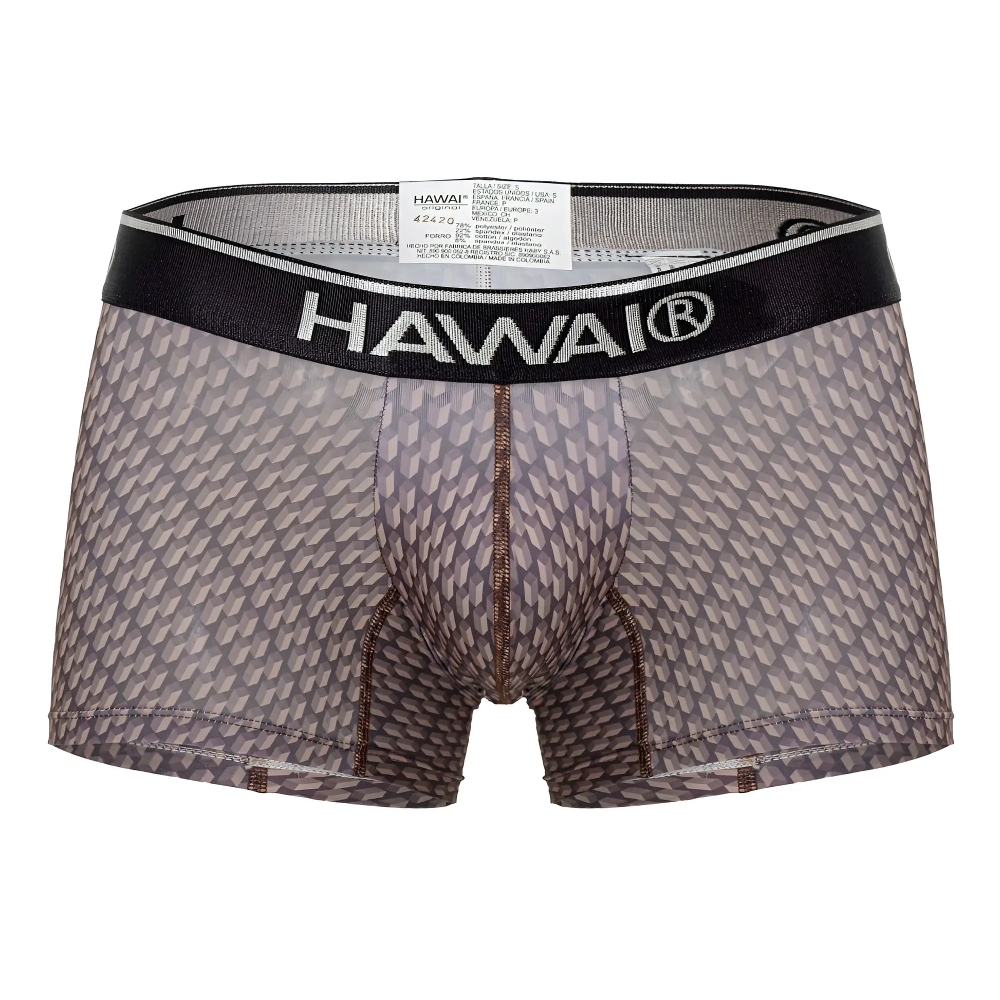 Gray patterned men’s boxer briefs with black waistband and hawai brand name in white color cocoa print
